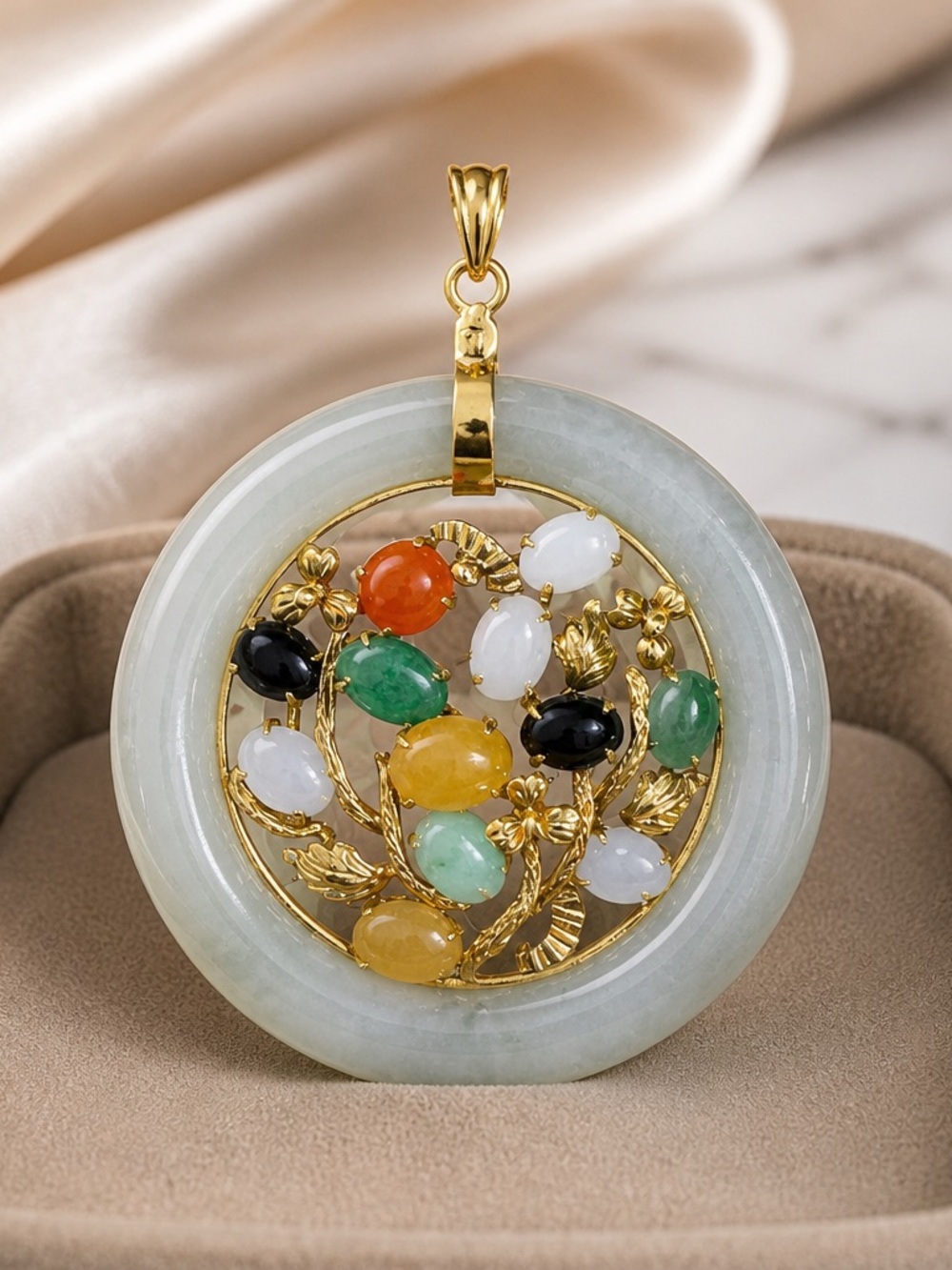 14k Gold tree Multicolor Jade Donut Pendant Necklace - Green Jade
